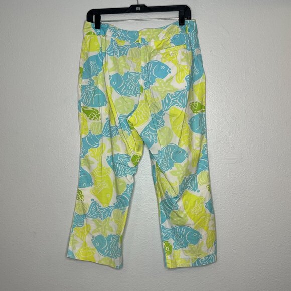Lilly Pulitzer Vintage Fish Print Glow‎ Crop Pants Green Blue Size 10 Cotton - Picture 5 of 7
